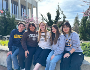 Photo of five student coordinators sitting on a concrete ledge